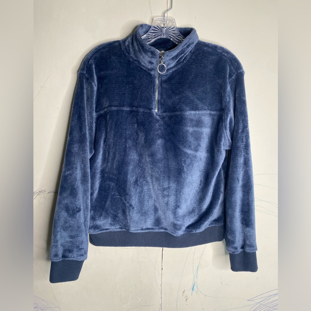 Pink Rose womens Plush Zip-Up Sweater in Deep Blue